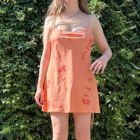 Orange and pink floral mini slip dress with lace up side and low back - Picture 2 of 8